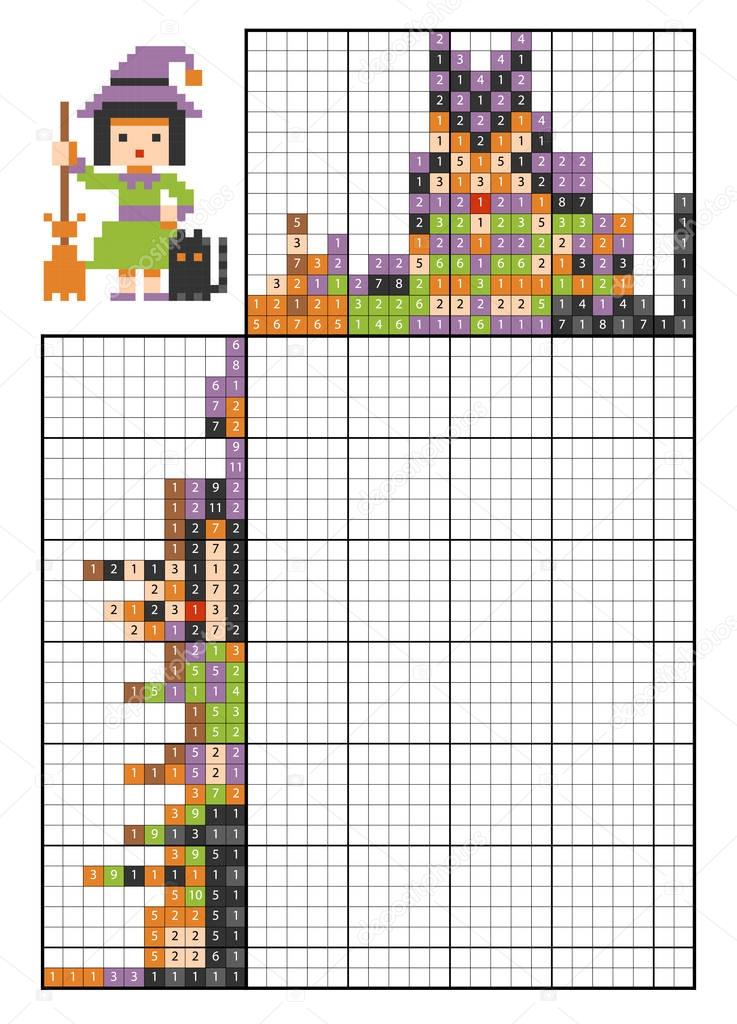 Paint by number puzzle (nonogram). Witch