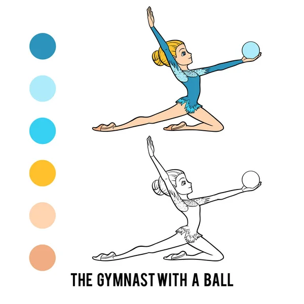 Libro para colorear, La gimnasta con una pelota — Vector de stock