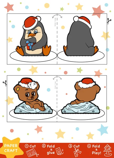 Weihnachtliches Papierbasteln Für Kinder Pinguine Und Bären — Stockvektor