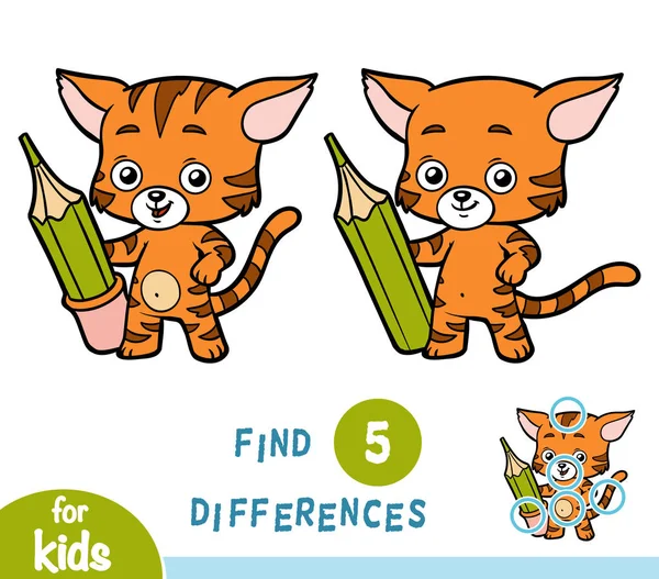 Encontrar diferencias, juego de educación, Gato y lápiz — Vector de stock