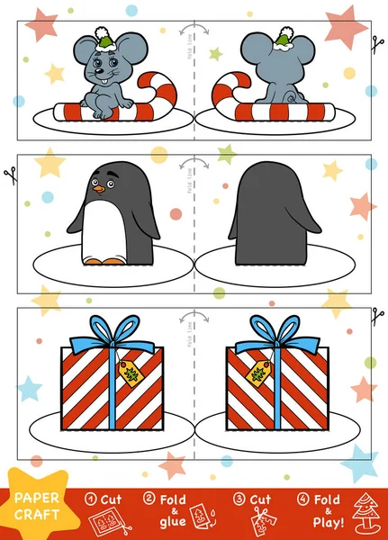 Bildung Weihnachten Papierbasteln für Kinder. Maus, Pinguin und Weihnachtsgeschenk — Stockvektor