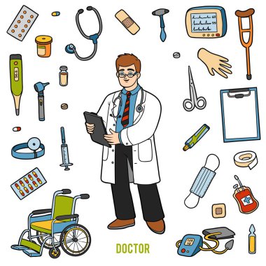 Vektör doktor ve tıbbi nesneleri ile ayarla. Çizgi film renkli öğeleri