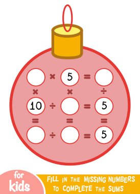 Counting Game for Children. Educational a mathematical game. Multiplication and division worksheet with Christmas ball clipart