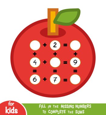 Counting Game for Children. Educational a mathematical game. Addition worksheets with apples clipart