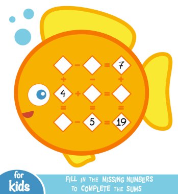 Oyun çocuklar için sayma. Eğitim bir matematik oyunu. Toplama ve çıkarma çalışma sayfalarıyla balık