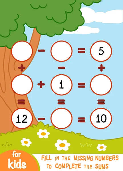 Игра для детей дошкольного возраста. Сложение и вычитание таблиц на летнем фоне — стоковый вектор