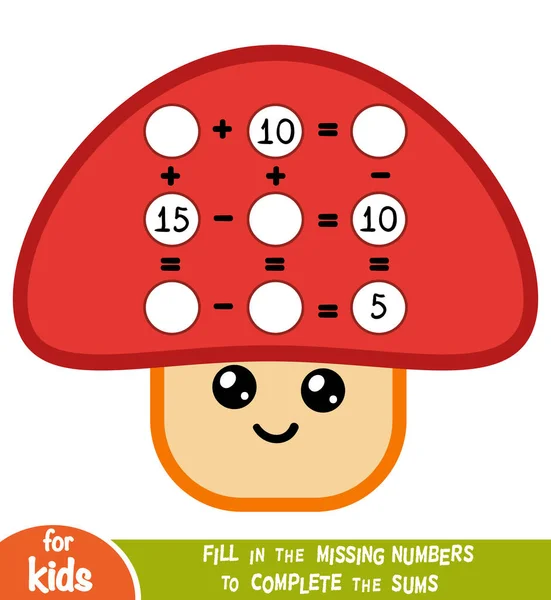 어린이 위한 게임을 계산. 교육 수학 게임입니다. 버섯으로 더하기와 빼기 워크시트 — 스톡 벡터