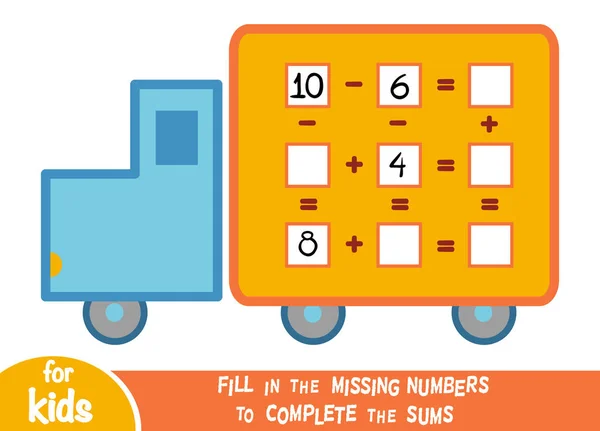 Counting Game for Children. Educational a mathematical game. Addition and subtraction worksheets with Lorry — Wektor stockowy