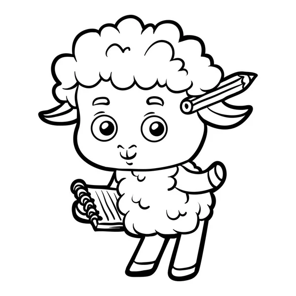 Livro para colorir, escritor de ovelhas com um lápis e um caderno — Vetor de Stock