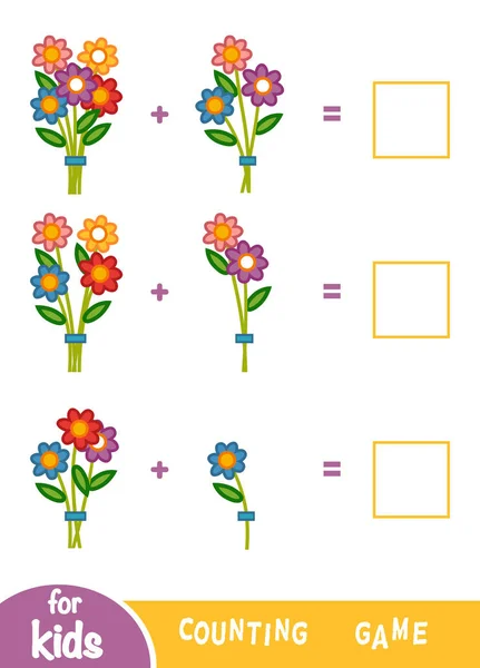 Лічильна гра для дітей. Підрахувати кількість квітів і записати результат — стоковий вектор