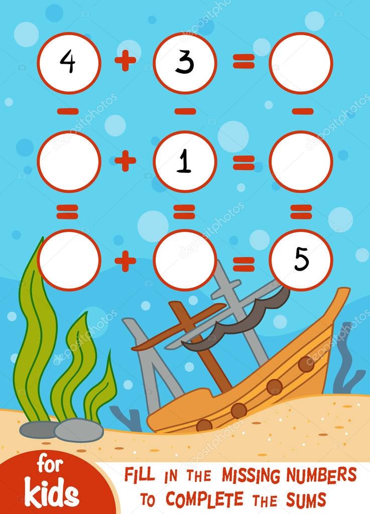 Counting Game for Preschool Children. Addition and subtraction worksheets on an underwater background