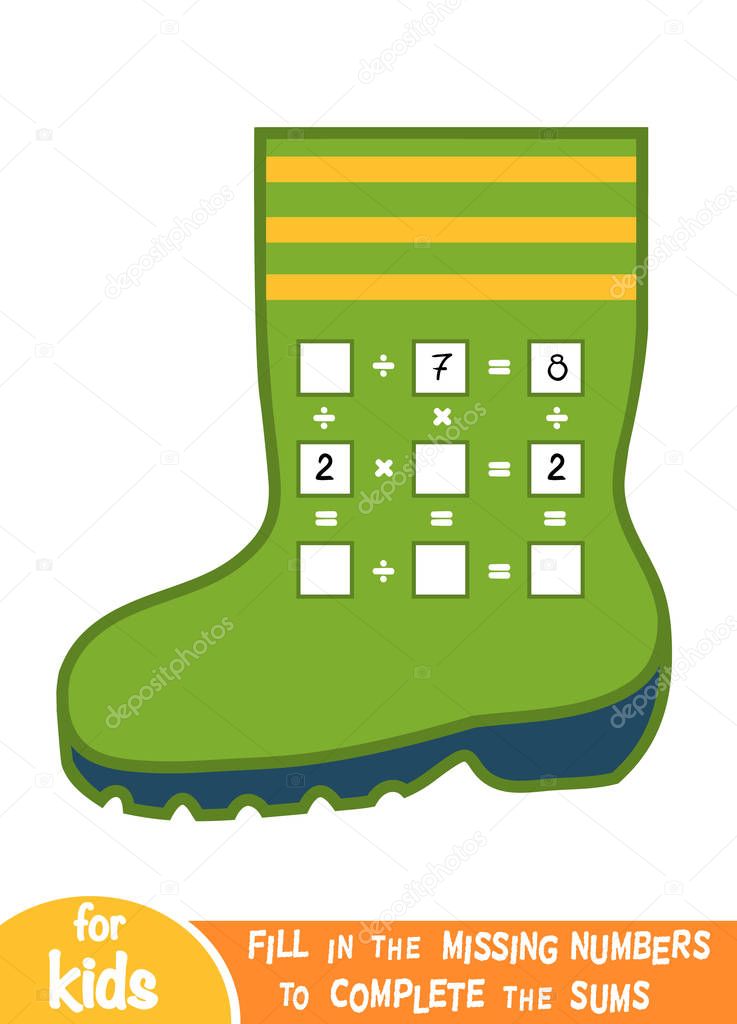 Counting Game for Children. Educational a mathematical game. Multiplication and division worksheets with a boot