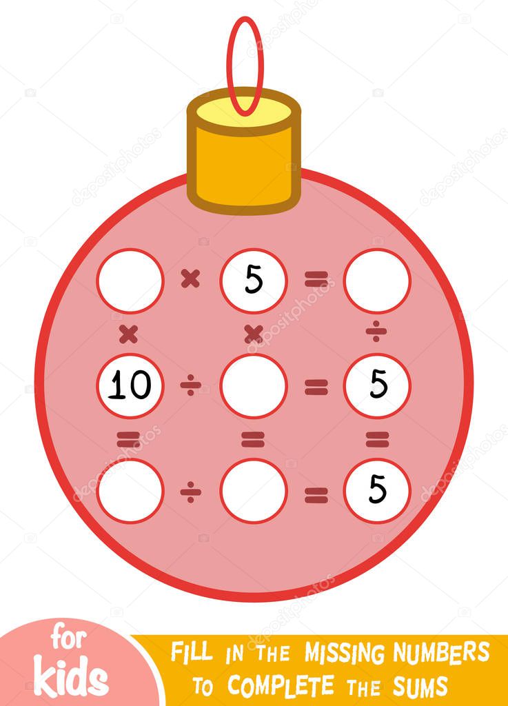 Counting Game for Children. Educational a mathematical game. Multiplication and division worksheet with Christmas ball