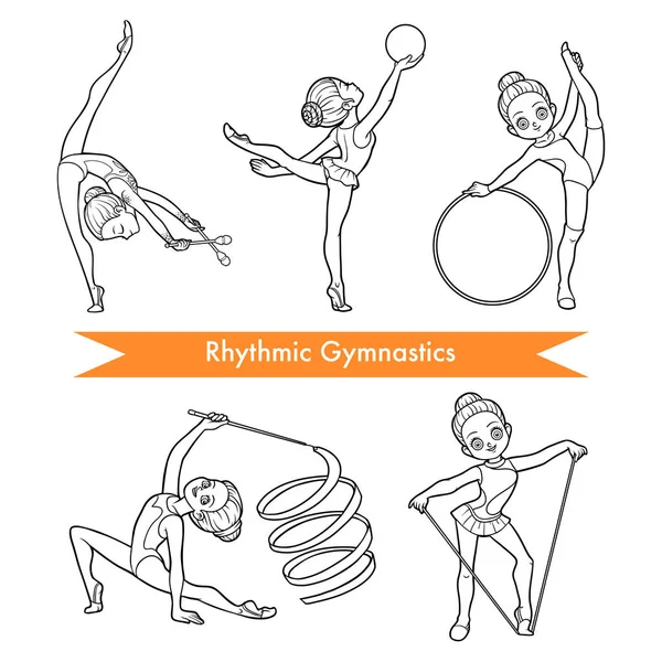Conjunto vectorial de gimnasia rítmica. Chica de dibujos animados con la pelota, con palos, cinta, saltar la cuerda y el aro — Vector de stock