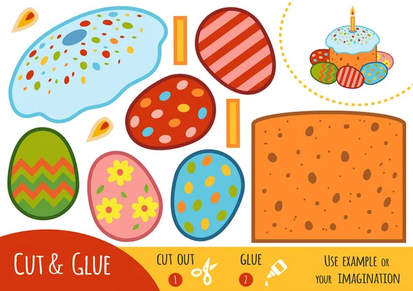 Jeu de papier éducatif pour enfants, gâteau de Pâques et œufs colorés — Image vectorielle