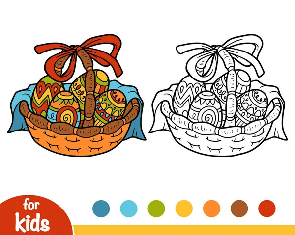 Libro para colorear, Cesta de Pascua con huevos de colores — Vector de stock