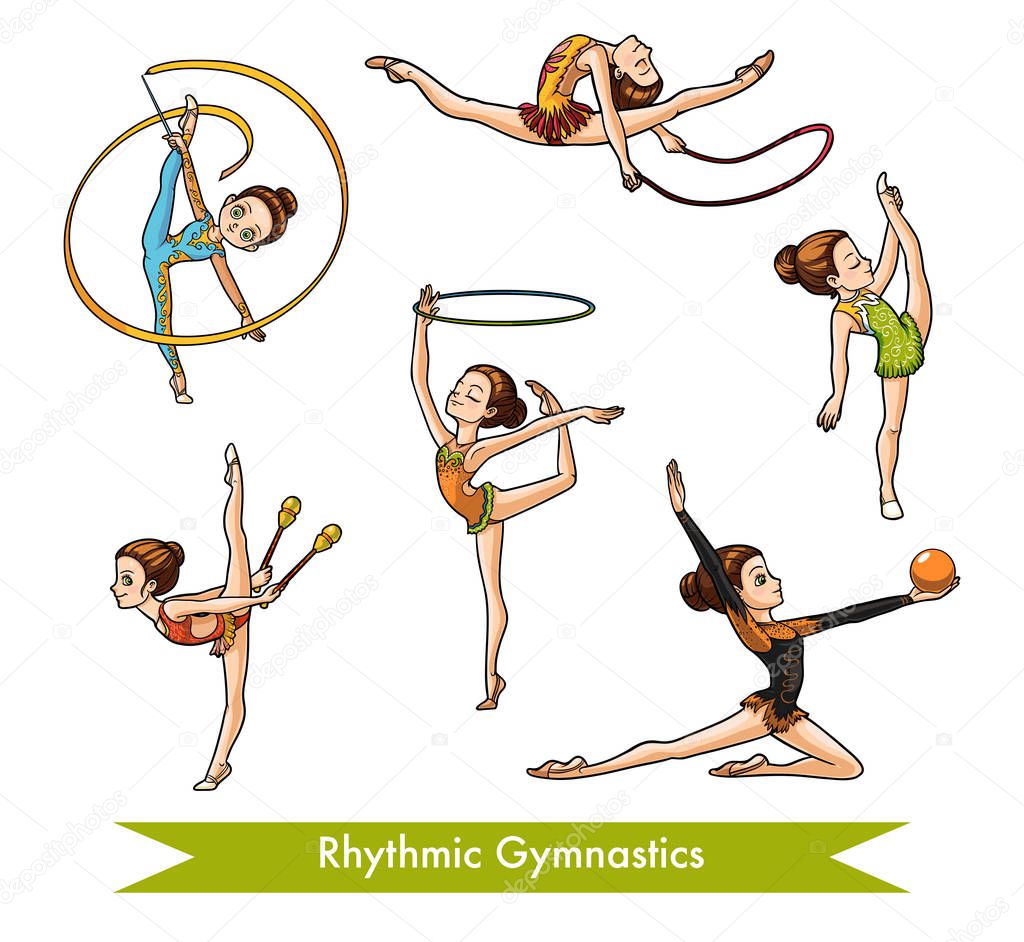 Vector set of rhythmic gymnastics. Cartoon girl with the ball, with clubs, ribbon, skipping rope and hoop