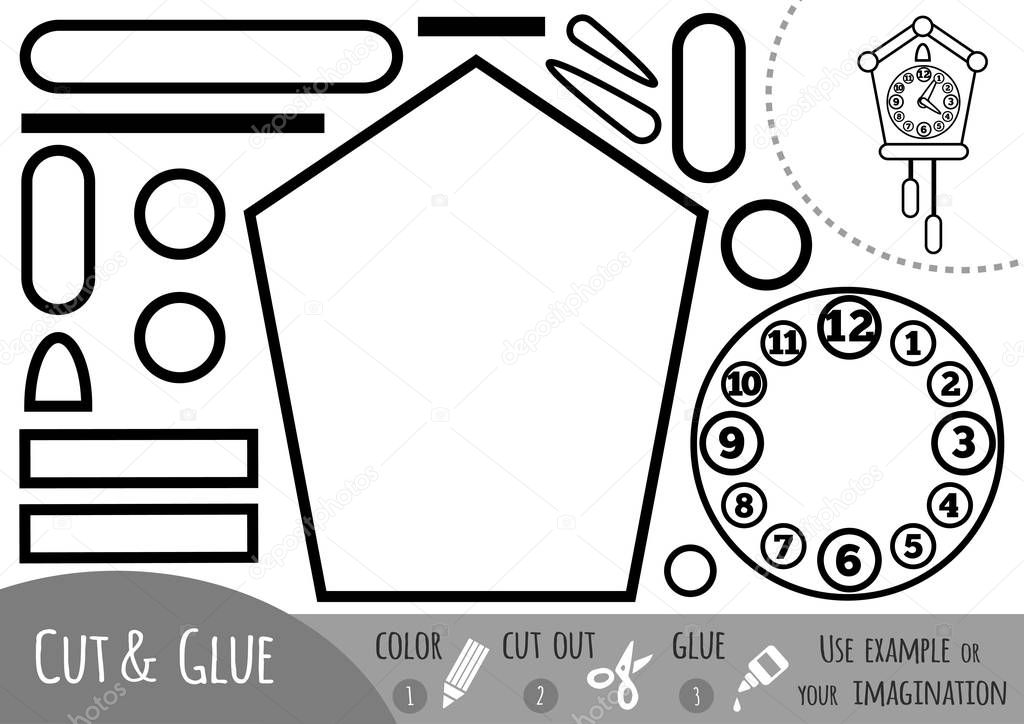 Education paper game for children, Cuckoo-clock. Use scissors and glue to create the image.