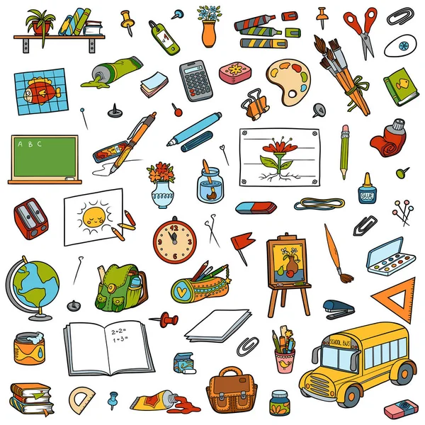 Conjunto de desenhos animados de objetos escolares. Coleta de artigos de papelaria e itens para estudo — Vetor de Stock