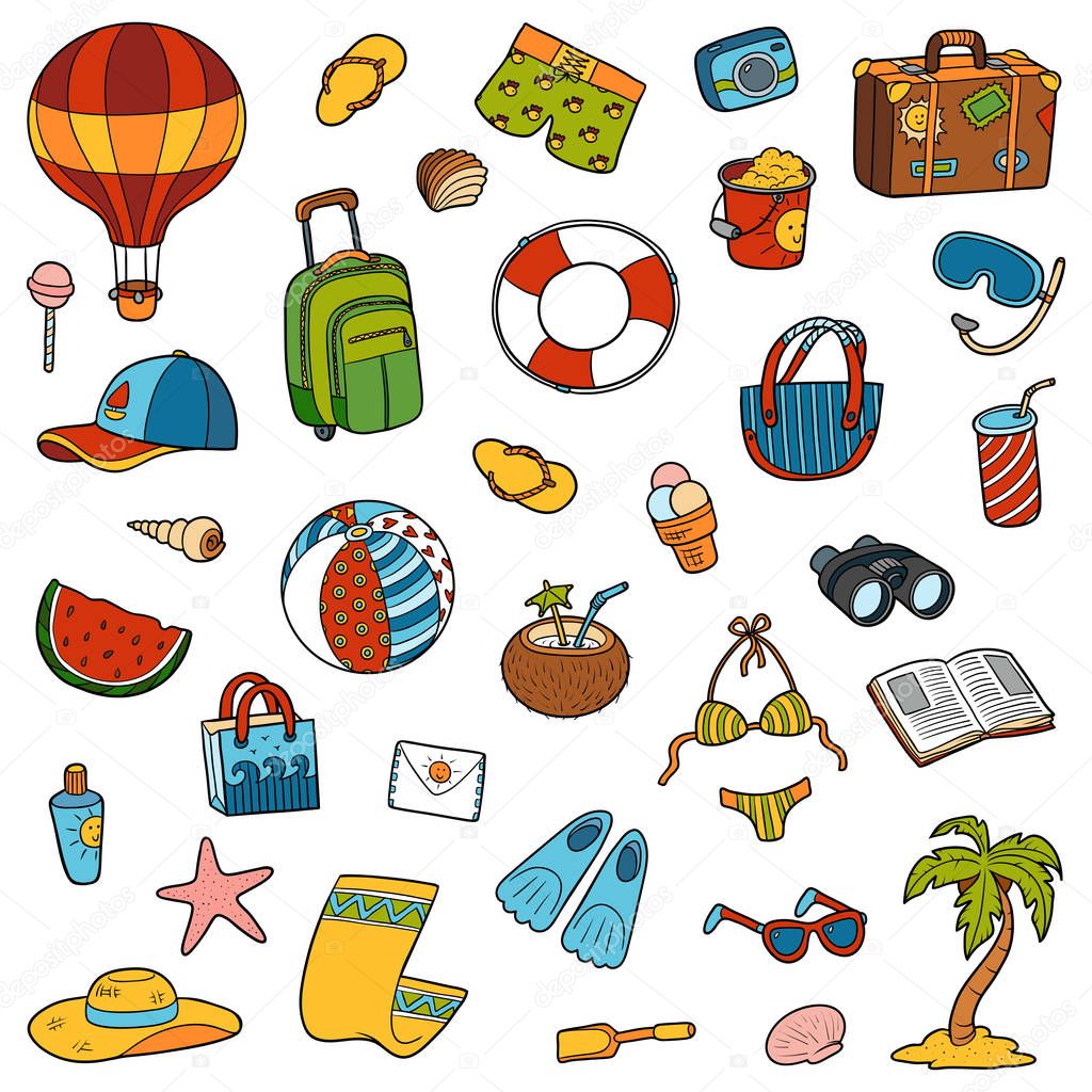 Colorful cartoon set of summer objects