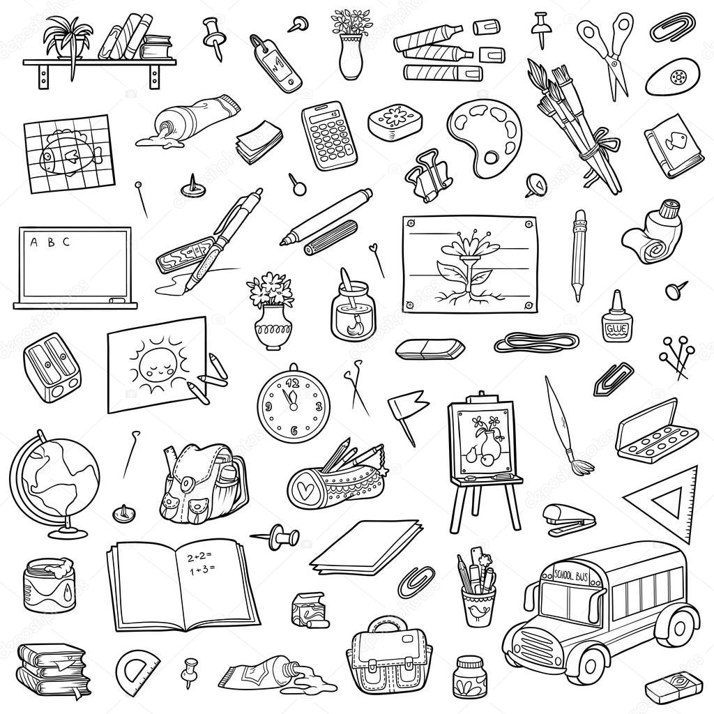 Cartoon set of school objects. Collection of stationery and items for study
