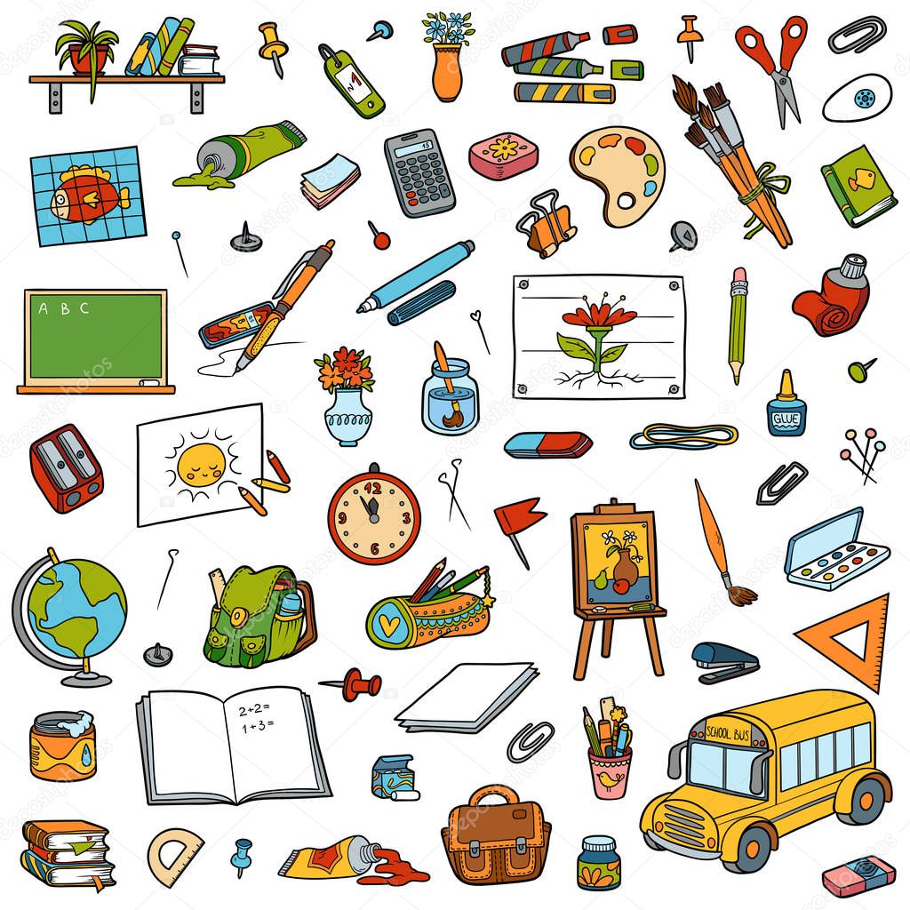 Cartoon set of school objects. Collection of stationery and items for study