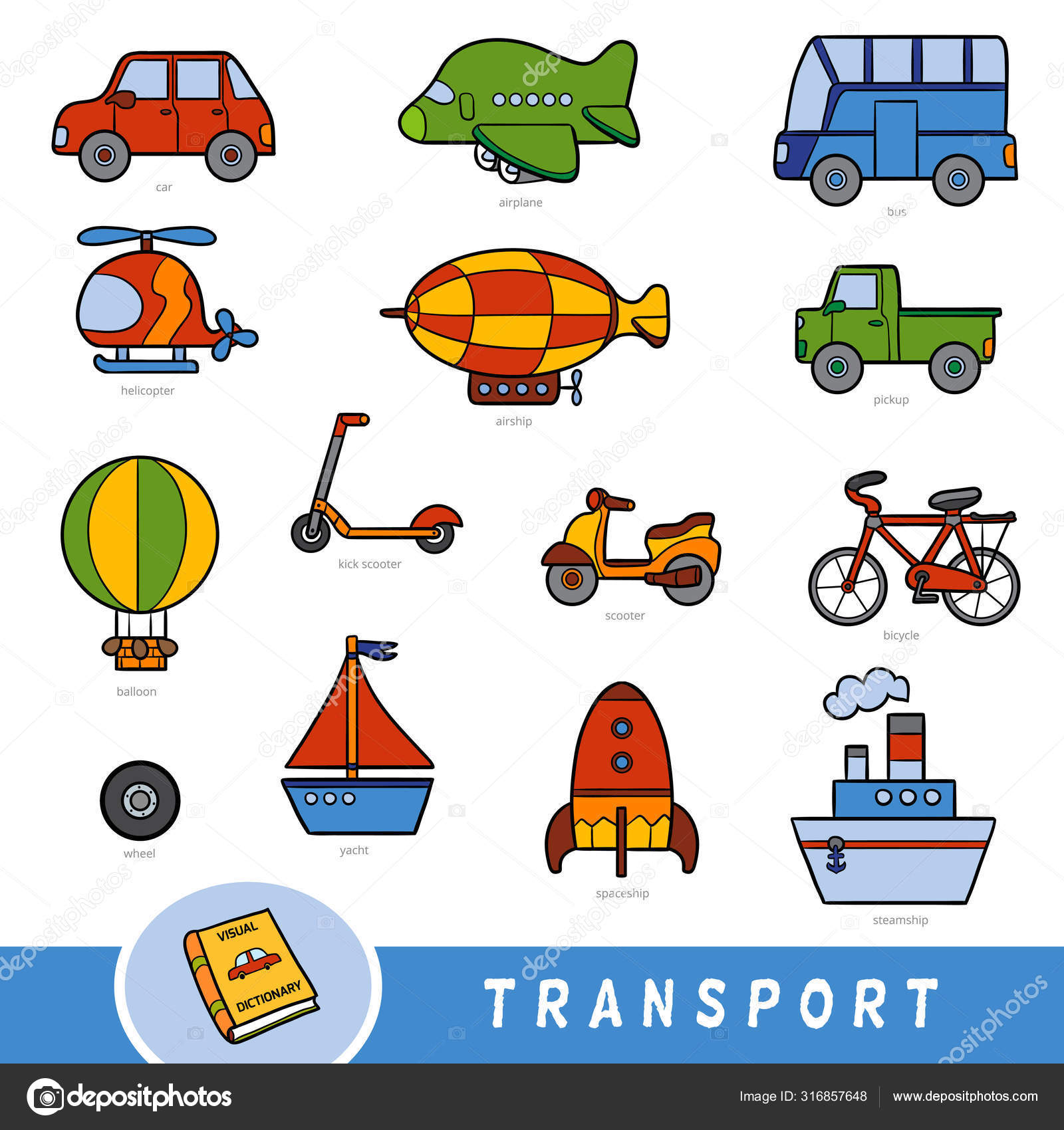 Colour transport set, collection of vector items with names in ...