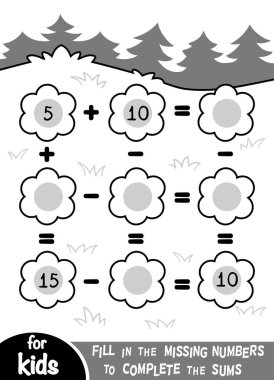 Anaokulu çocukları için sayım oyunu. Eğitici bir matematik oyunu. Çiçek açan bir açıklık ile arka plan üzerinde toplama ve çıkarma çalışma kağıtları