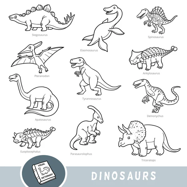 Black and white set of dinosaurs, collection of vector animals with names in English — Stock Vector