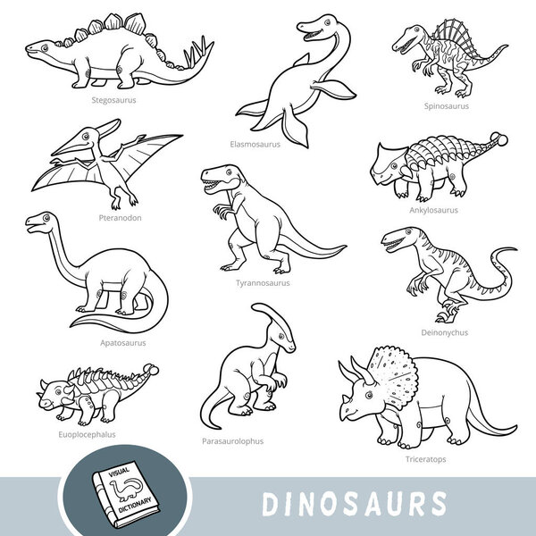 Black and white set of dinosaurs, collection of vector animals with names in English