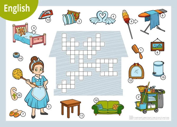 Vector crossword in English, education game for children. Maid and home furnishings — Διανυσματικό Αρχείο