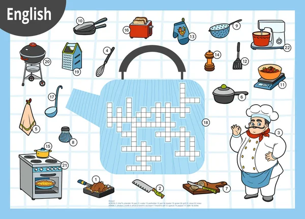 Mots croisés vectoriels en anglais, jeu éducatif pour enfants. Chef et ensemble d'articles de cuisine — Image vectorielle