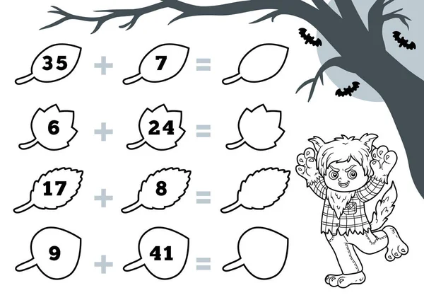 为学龄前儿童计算游戏。 万圣节的角色，狼人 教育数学游戏. — 图库矢量图片