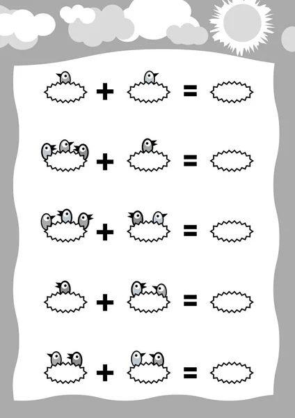 Counting Game for Preschool Children. Addition worksheets, baby birds in the nest. Educational a mathematical game. Count the numbers in the picture and write the result. — Stock Vector