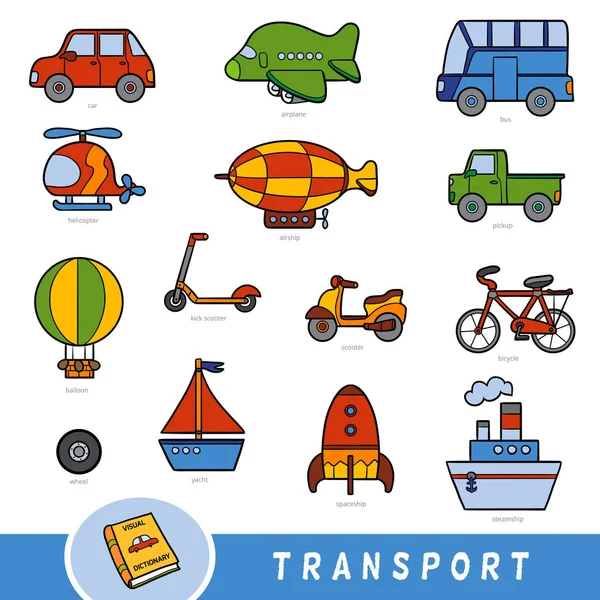 Colour transport set, collection of vector items with names in English — ストックベクタ