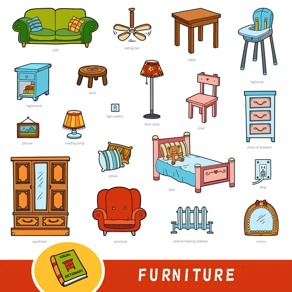 Color furniture set, collection of vector items with names in English — Stock Vector
