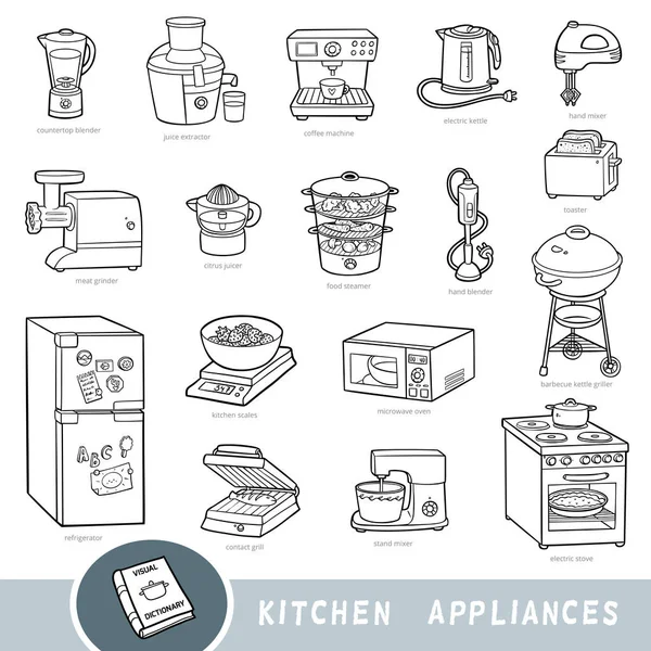 Black and white set of kitchen appliances, collection of vector items with names in English — Stock Vector