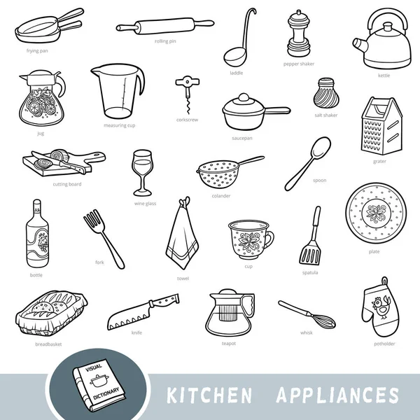 Conjunto preto e branco de utensílios de cozinha, coleção de itens vetoriais com nomes em inglês — Vetor de Stock