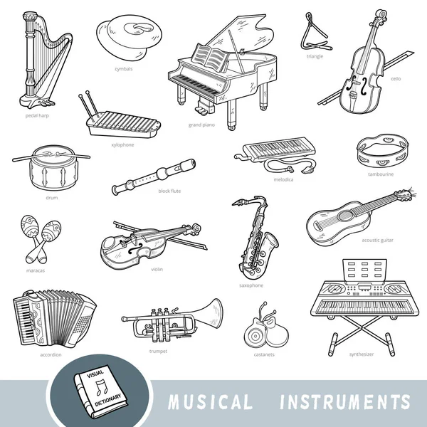 Black and white set of musical instruments, collection of vector items with names in English — Stock Vector