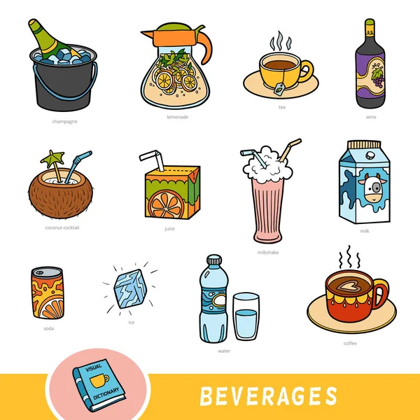 Conjunto de cores de bebidas, coleção de itens vetoriais com nomes em inglês — Vetor de Stock