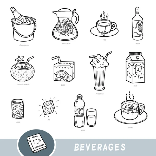 Black and white set of beverages, collection of vector items with names in English — Stock Vector