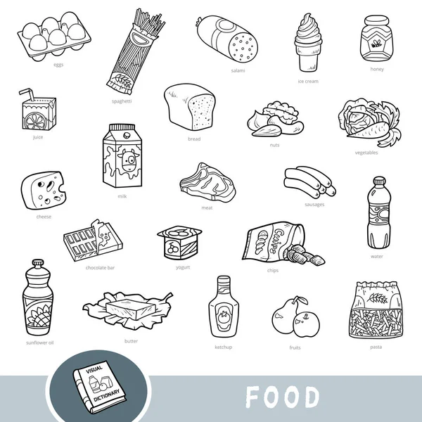 Conjunto blanco y negro de alimentos, colección de elementos vectoriales con nombres en inglés — Archivo Imágenes Vectoriales