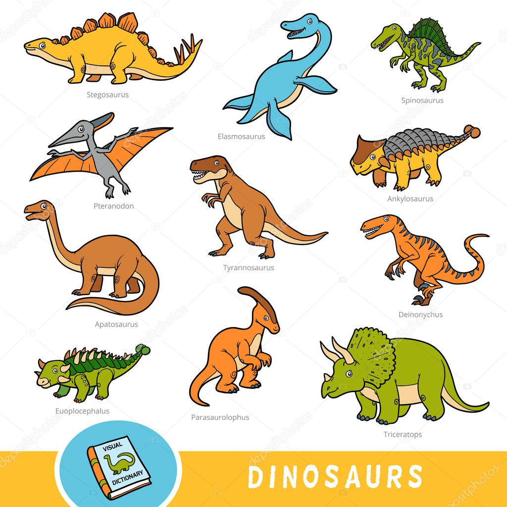 Set of dinosaurs, collection of vector animals with names in English