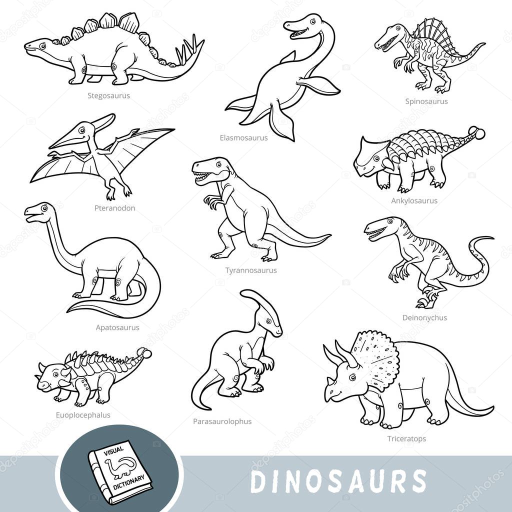 Black and white set of dinosaurs, collection of vector animals with names in English