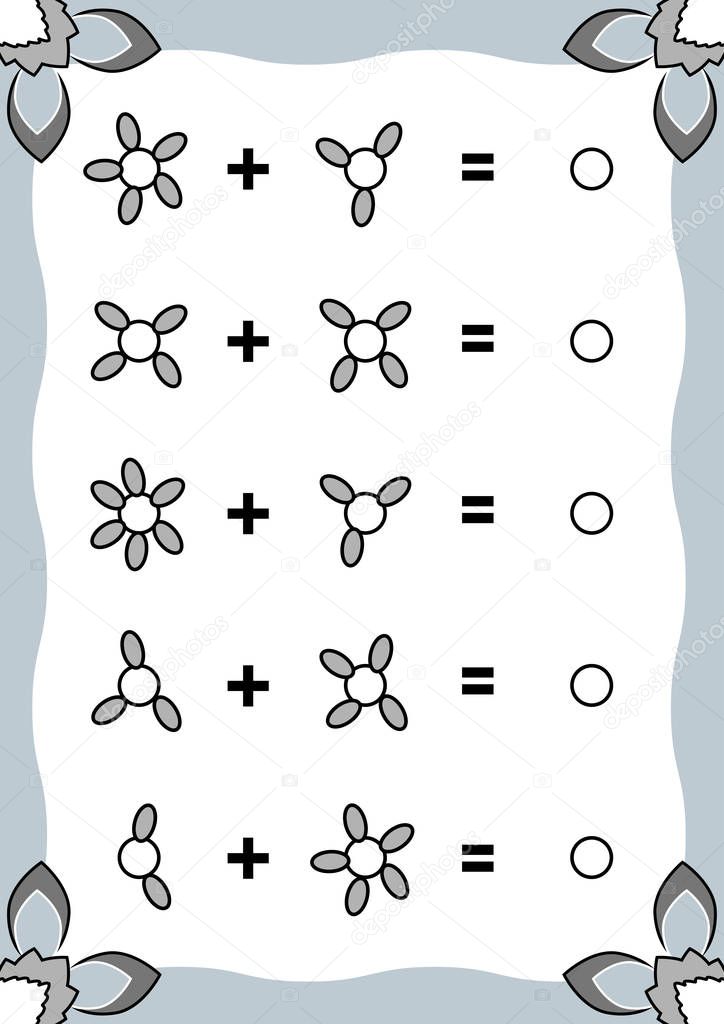 Counting Game for Preschool Children. Education a mathematical game, flower petals
