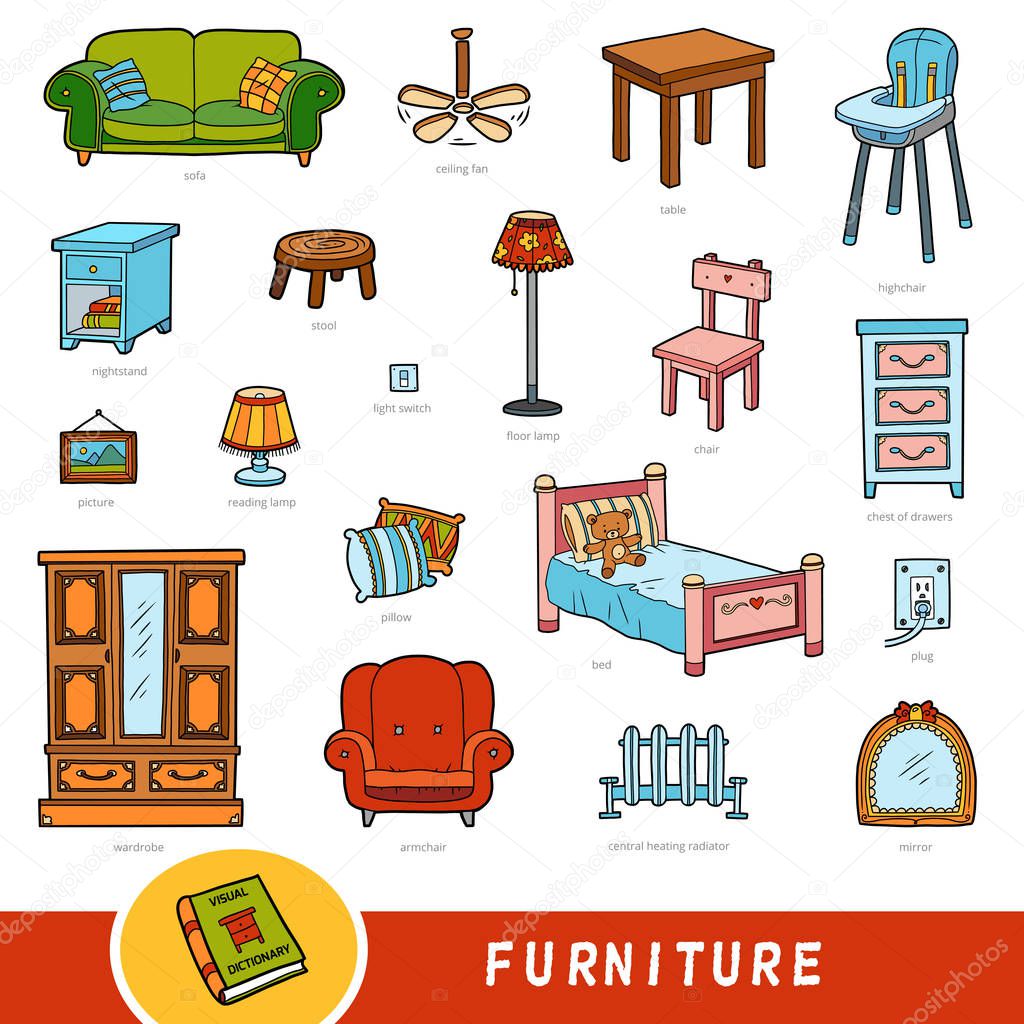 Color furniture set, collection of vector items with names in English