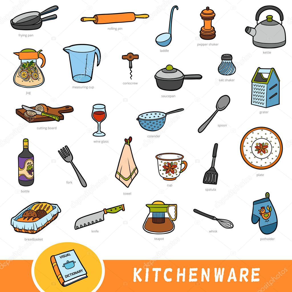 Color set of kitchenware, collection of vector items with names in English
