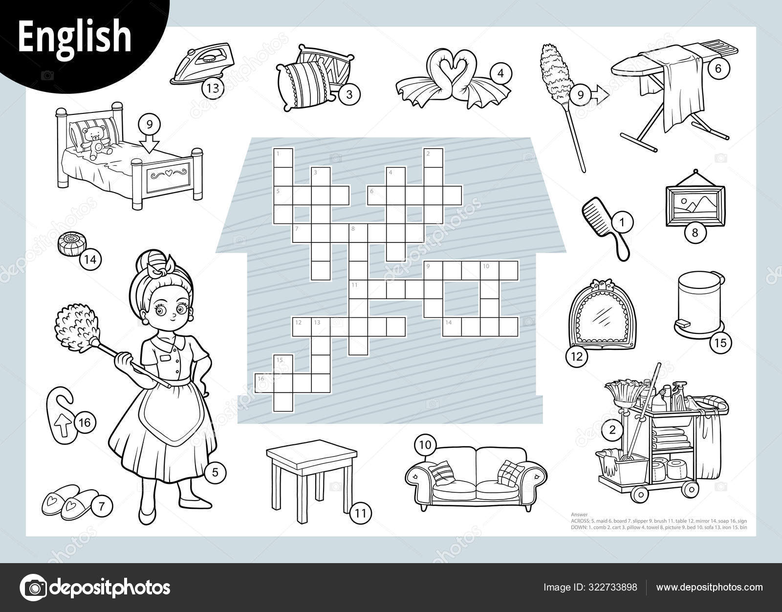 Black and white crossword in English education game for children Maid