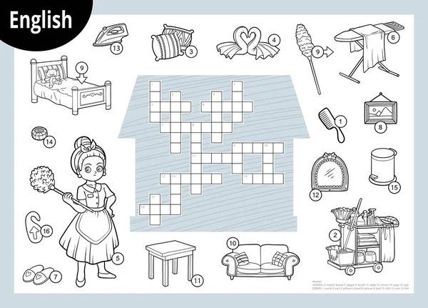 Black and white crossword in English, education game for children. Maid and home furnishings — Stock Vector