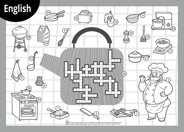 Crucigrama blanco y negro en inglés, juego de educación para niños. Chef y juego de utensilios de cocina — Archivo Imágenes Vectoriales